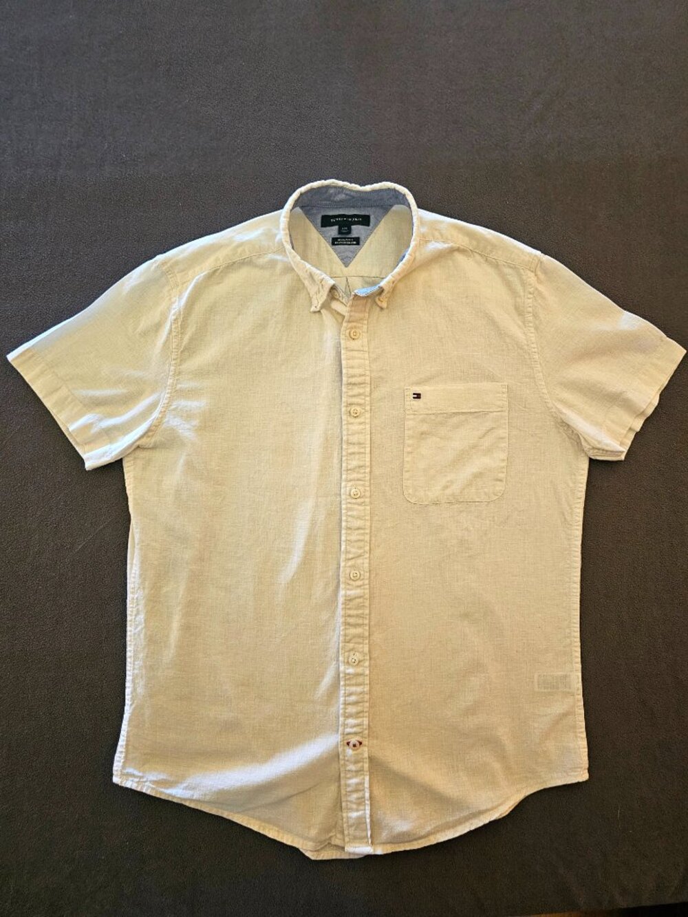 Tommy Hilfiger Shirt Mens Large White Linen Cotton Short Sleeve Button Down